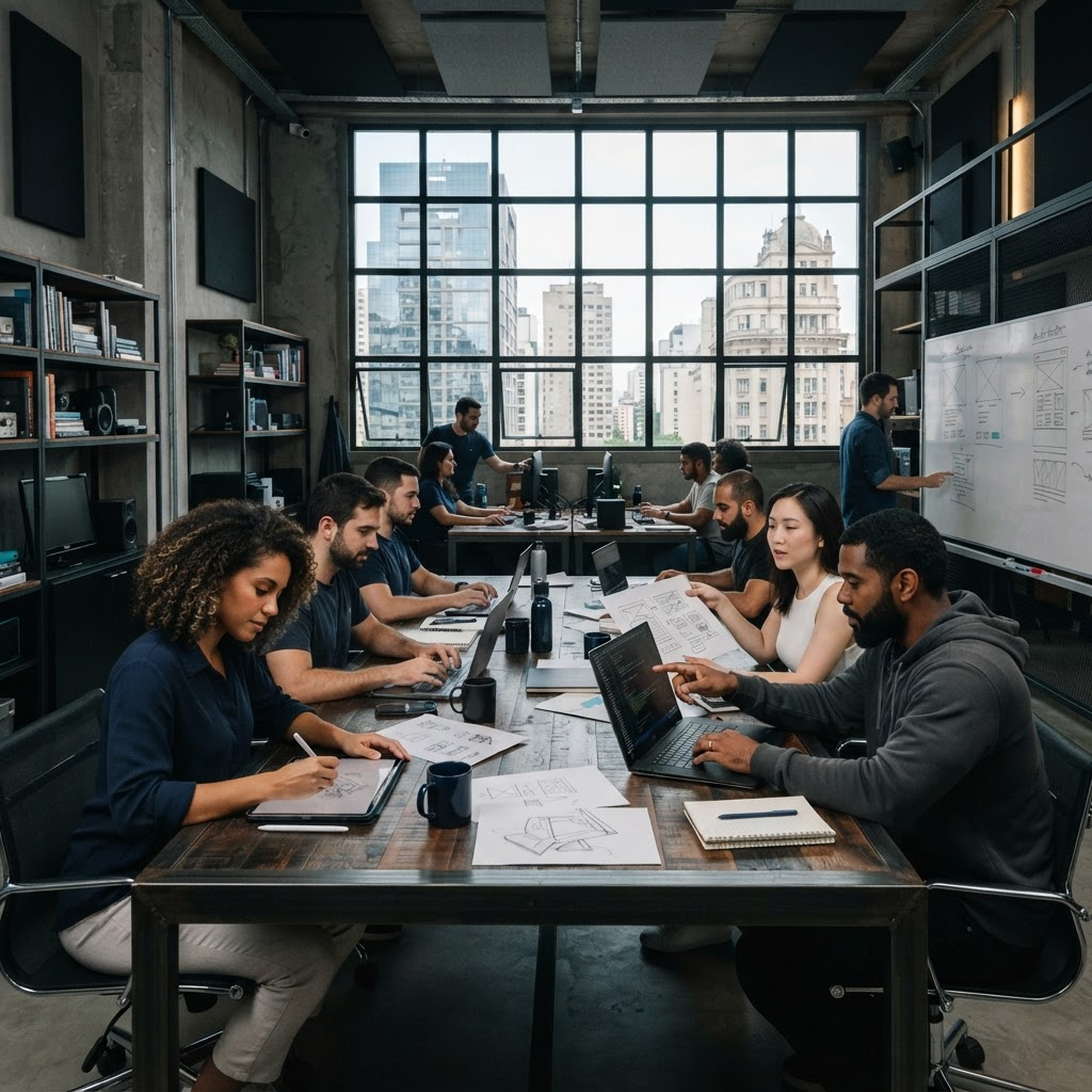 Equipe de especialistas da SoftFabrik colaborando em soluções sob medida